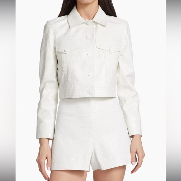 Alice + Olivia Chloe White Croc-Effect Faux Leather Crop Jacket Size XL NWT - Picture 5 of 16